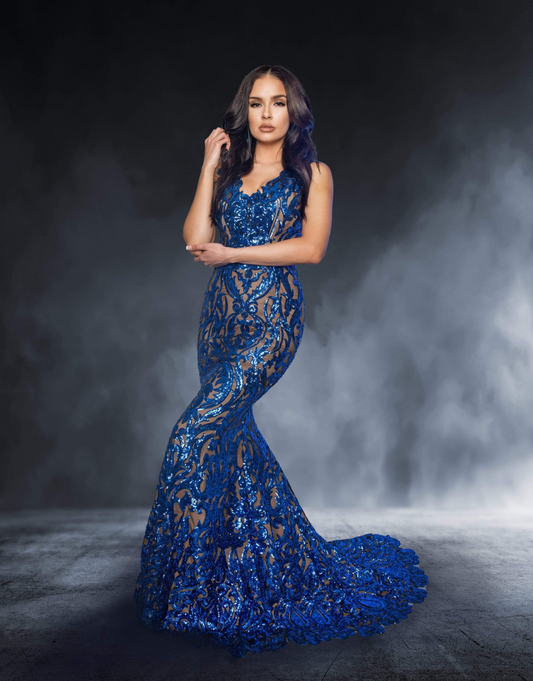 Aphrodite Blue Bespoke Sequin Pageant Gown - Debbie Carroll
