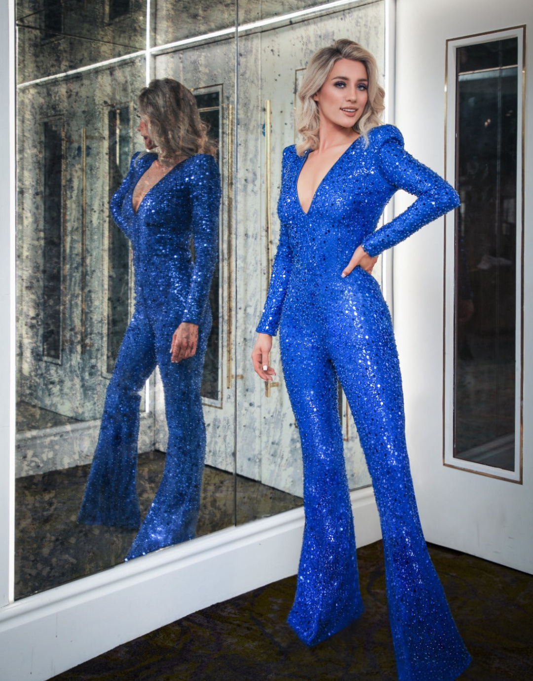 Clio Royal Blue Beaded Sequin Jumpsuit with Optional Feathers