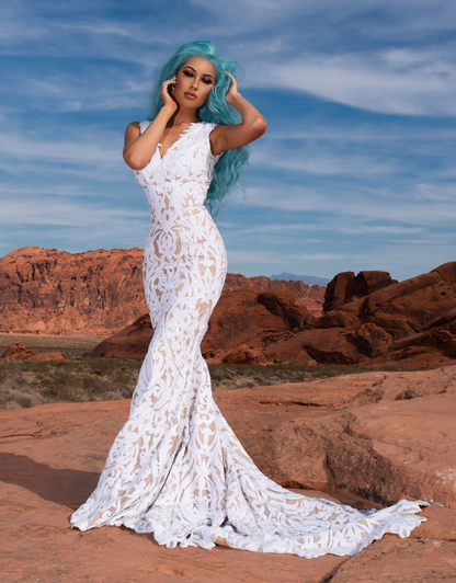 Aphrodite White Bespoke Sequin Pageant Gown - Debbie Carroll