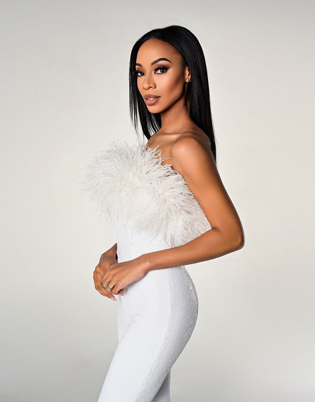 Maia White Strapless Jumpsuit with Ostrich Feathers | Debbie Carroll Designs - Debbie Carroll