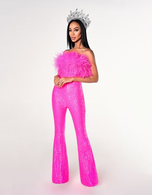 Maia Hot Pink Strapless Jumpsuit with Ostrich Feathers | Debbie Carroll Designs - Debbie Carroll
