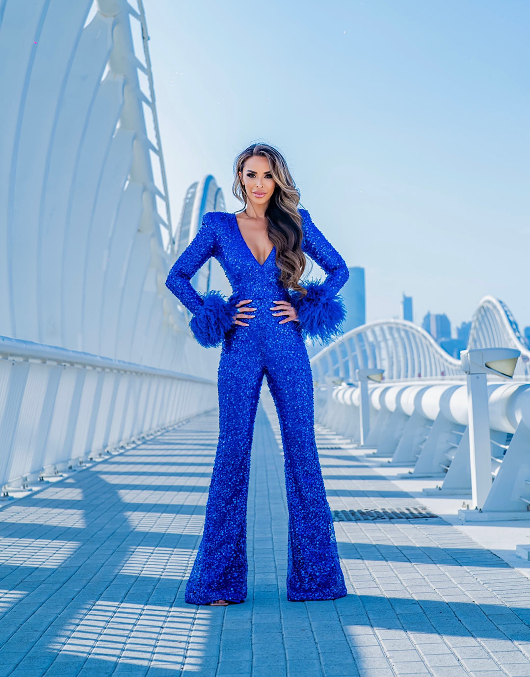Clio Royal Blue Beaded Sequin Jumpsuit with Optional Ostrich Feathers |  Debbie Carroll Designs